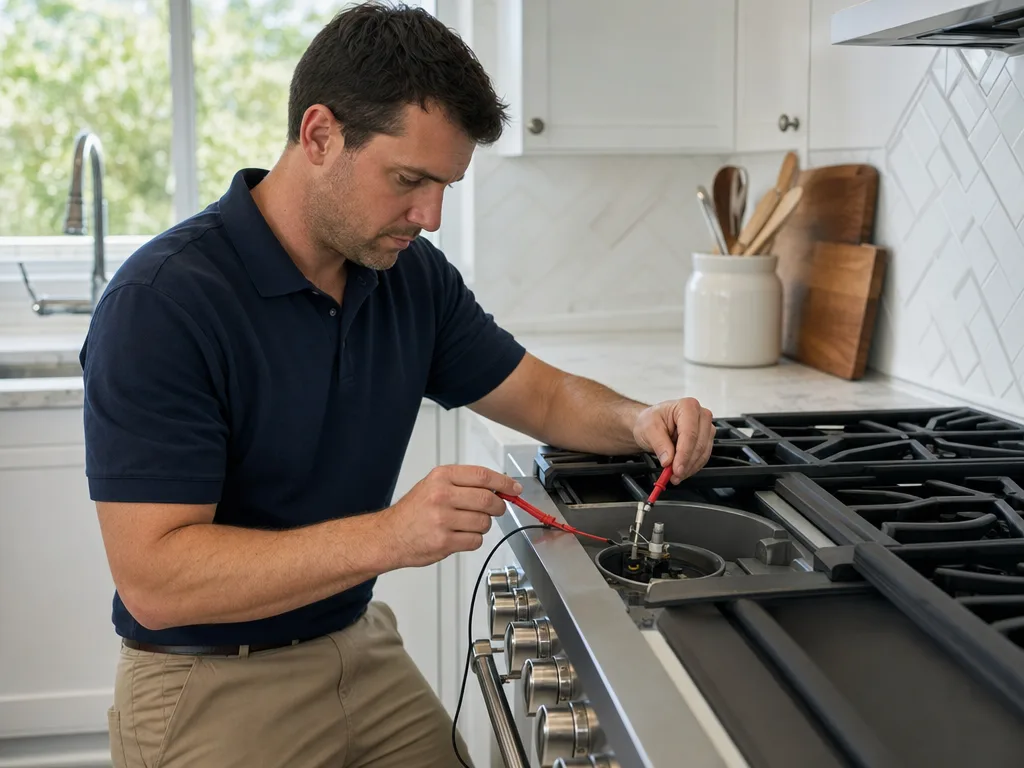 Technician testing a Viking cooktop's igniter with the burner cap removed in a Los Angeles kitchen