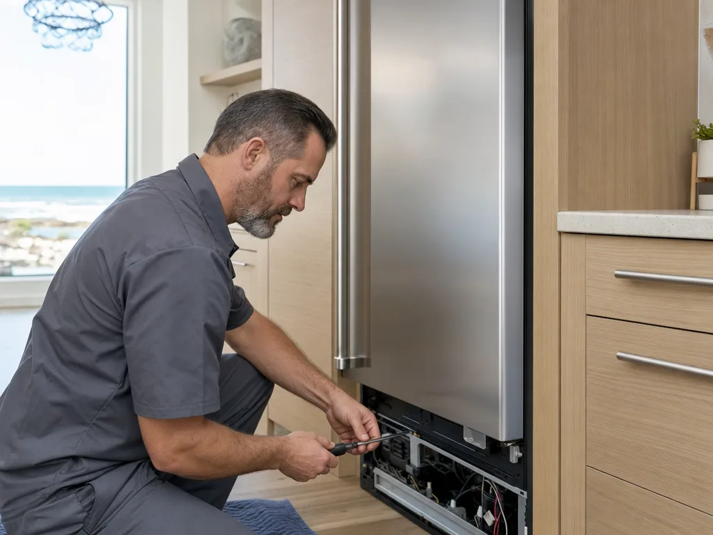 Technician inspecting a Viking freezer column with the front grille removed in a Los Angeles kitchen