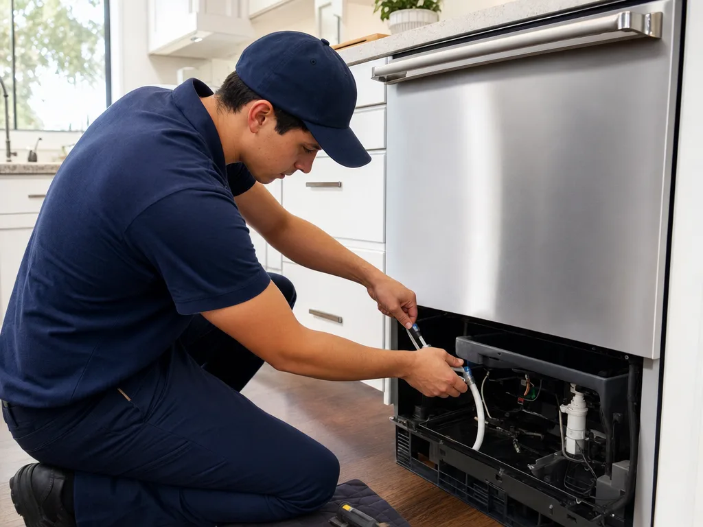 Technician servicing a Viking ice maker unit with the water line exposed in a Los Angeles kitchen