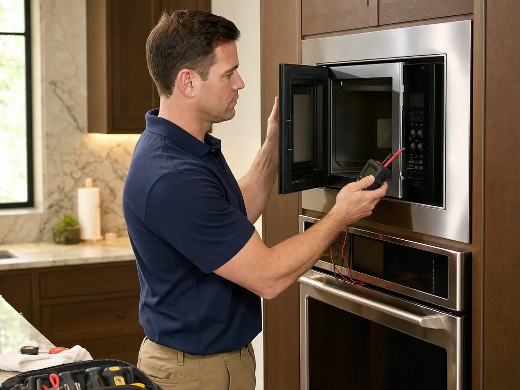 Technician testing a Viking built-in microwave's control panel and door latch in a Los Angeles kitchen