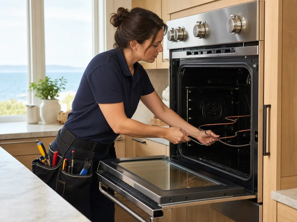 Technician inspecting a Viking wall oven's heating element with the door open in a Los Angeles kitchen