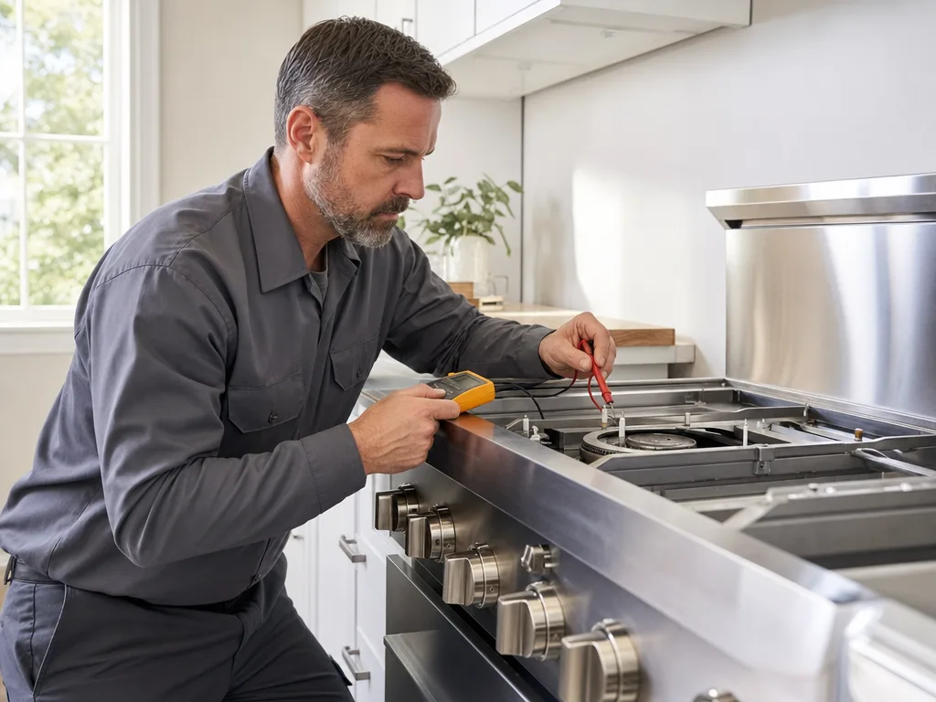 Technician testing a Viking range's igniter with the burner grate removed in a Los Angeles kitchen