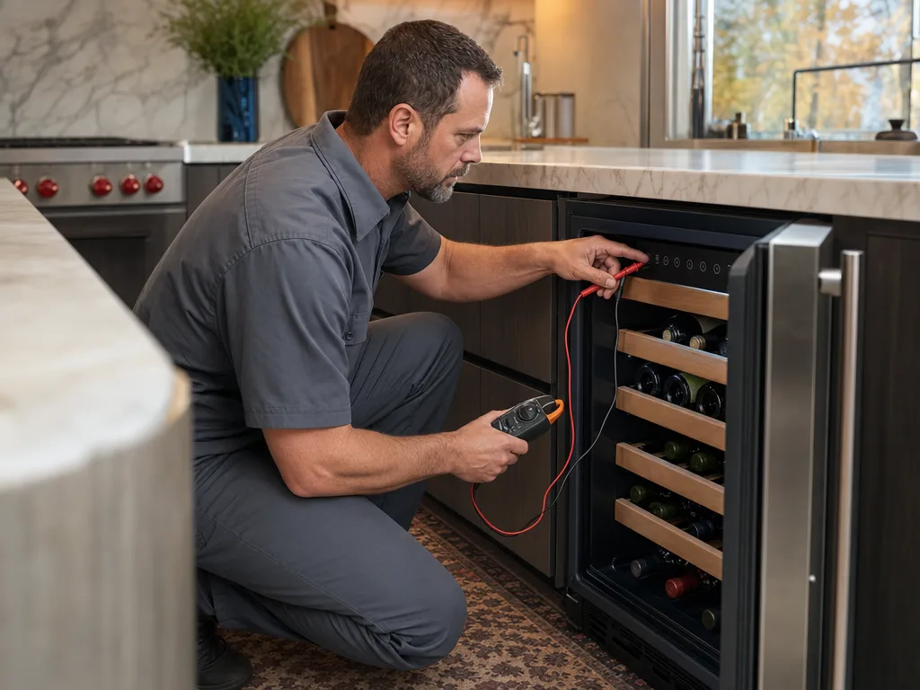 Technician testing a Viking wine cooler's temperature control panel with the door open in a Los Angeles kitchen