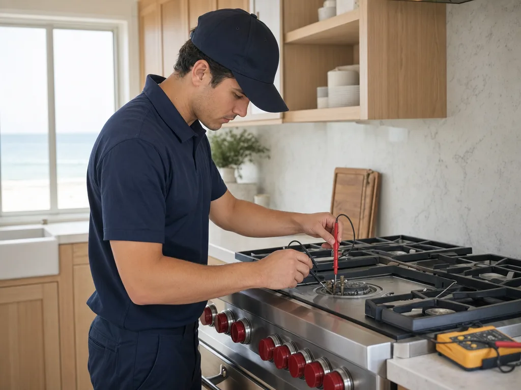 Technician testing a Wolf cooktop's igniter with the burner cap removed in a Los Angeles kitchen