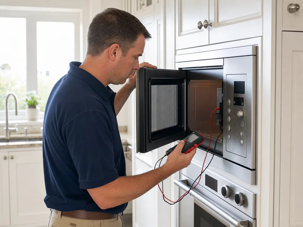 Technician testing a Wolf built-in microwave's control panel and door latch in a Los Angeles kitchen