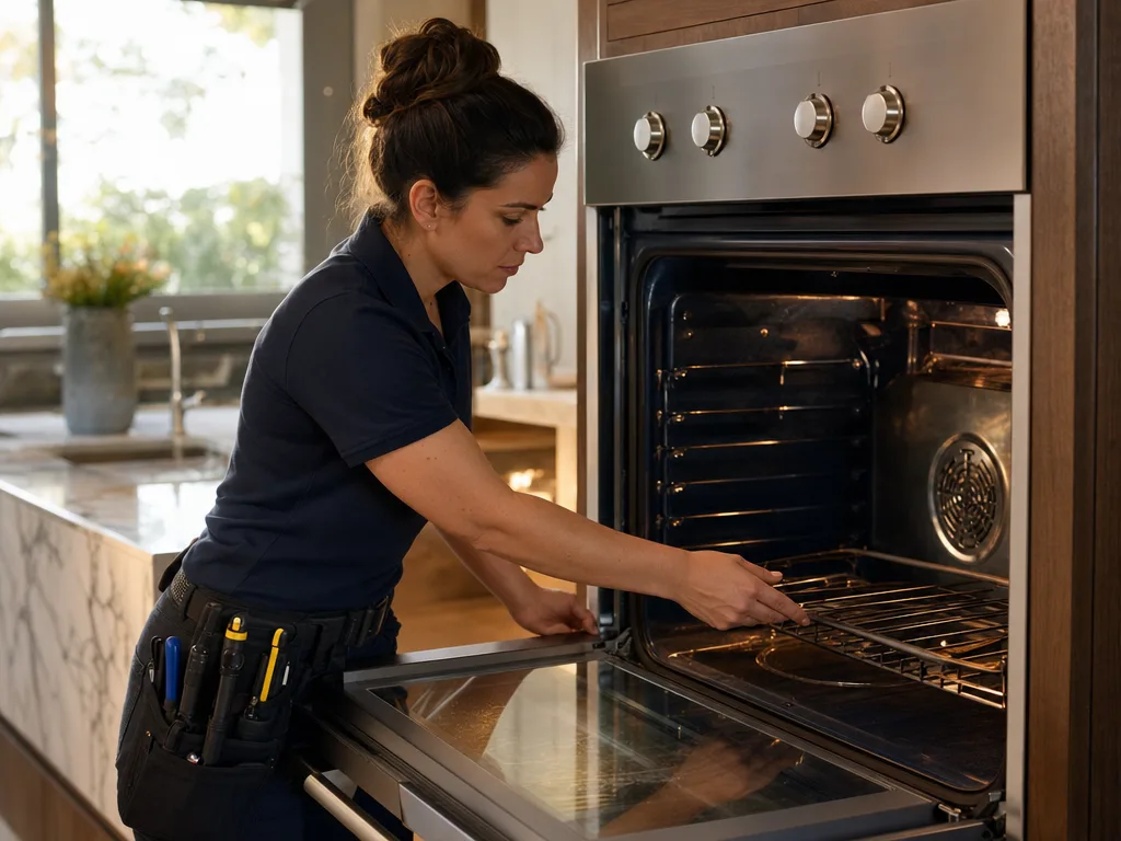 Technician inspecting a Wolf wall oven's heating element with the door open in a Los Angeles kitchen