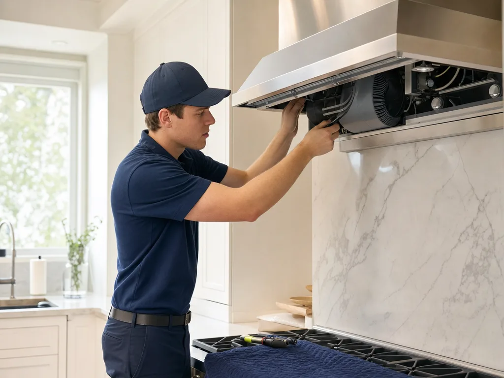 Technician servicing a Wolf range hood's motor with the grille removed in a Los Angeles kitchen