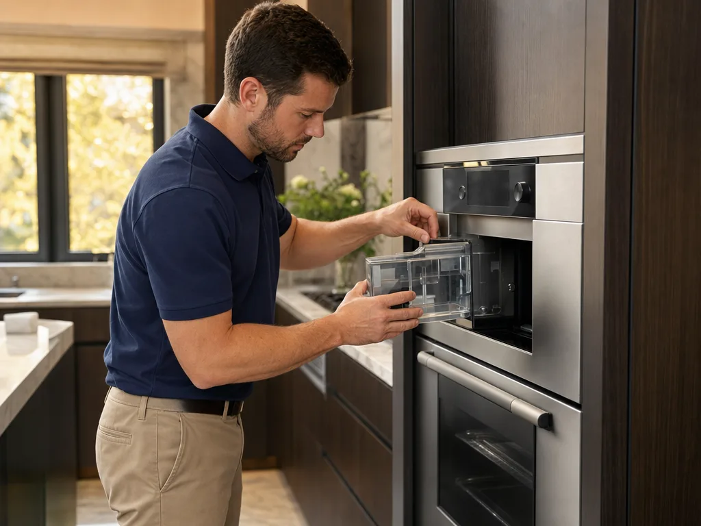 Technician testing a Wolf steam oven's water reservoir and control panel in a Los Angeles kitchen