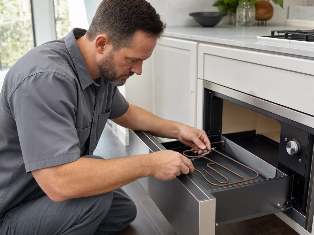 Technician inspecting a Wolf warming drawer's heating element, drawer pulled open in a Los Angeles kitchen